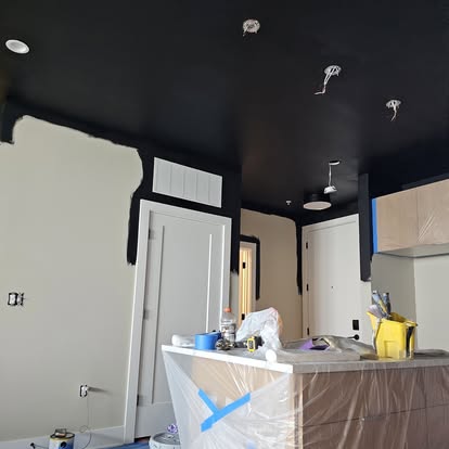 Interior project with a dark painted ceiling and light walls
